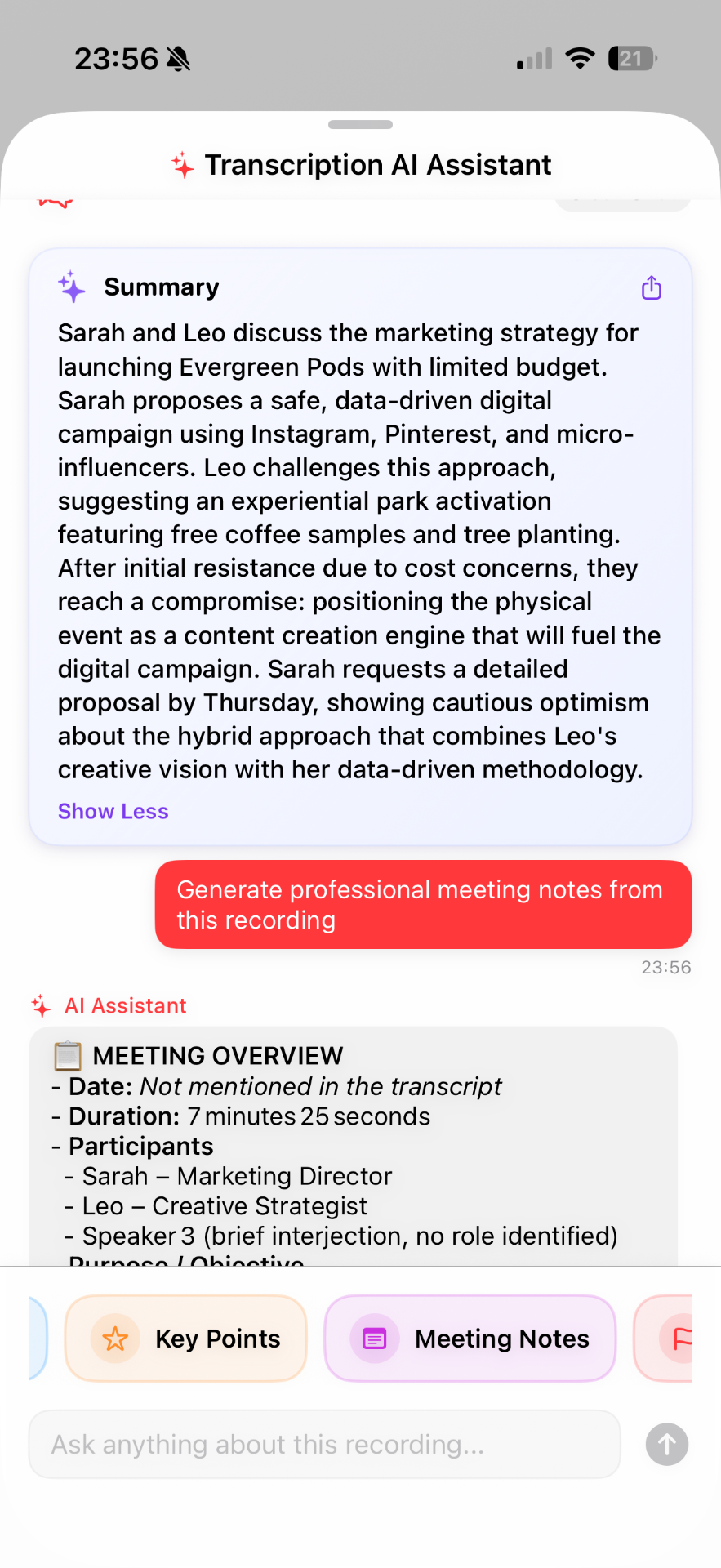 AI Assistant generating meeting notes from the recording