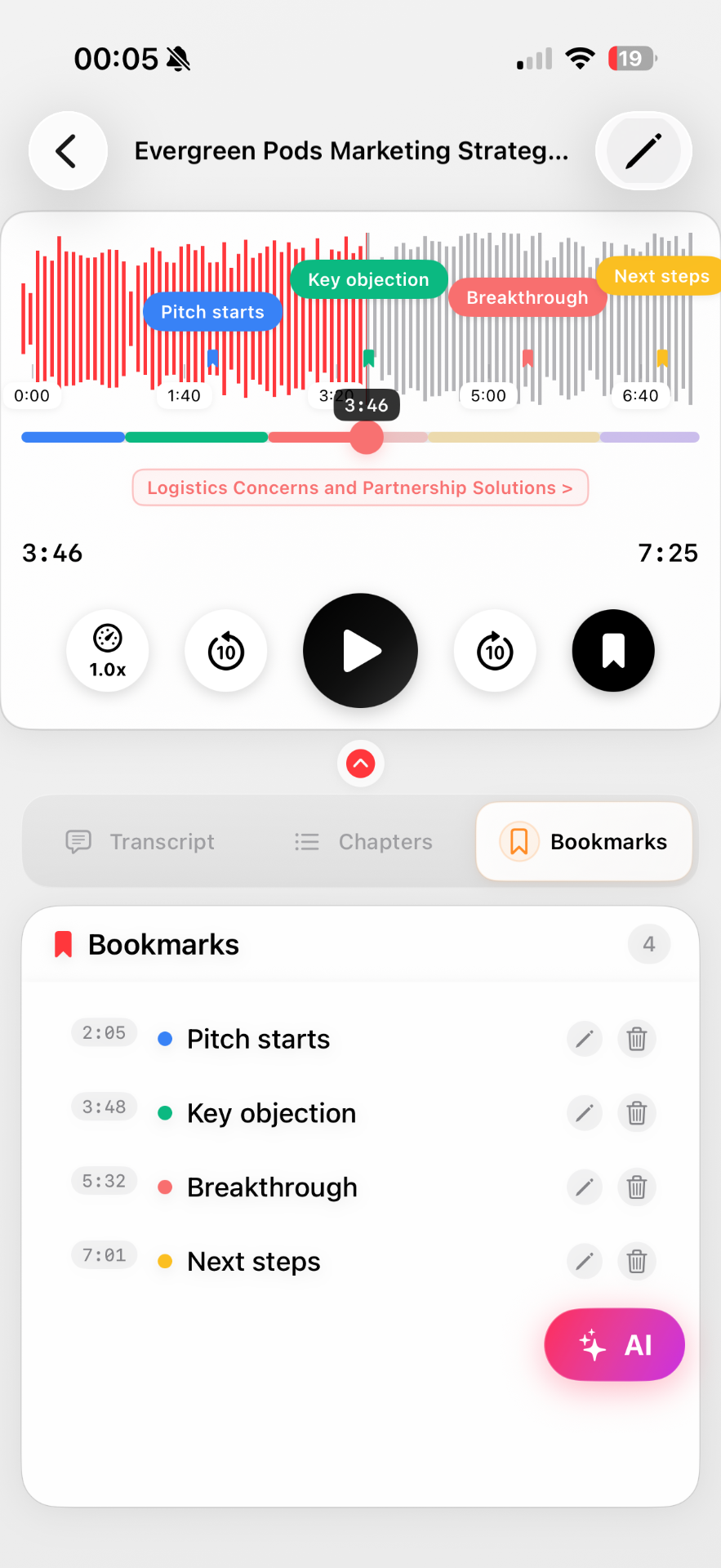 Color-coded bookmarks on the audio waveform