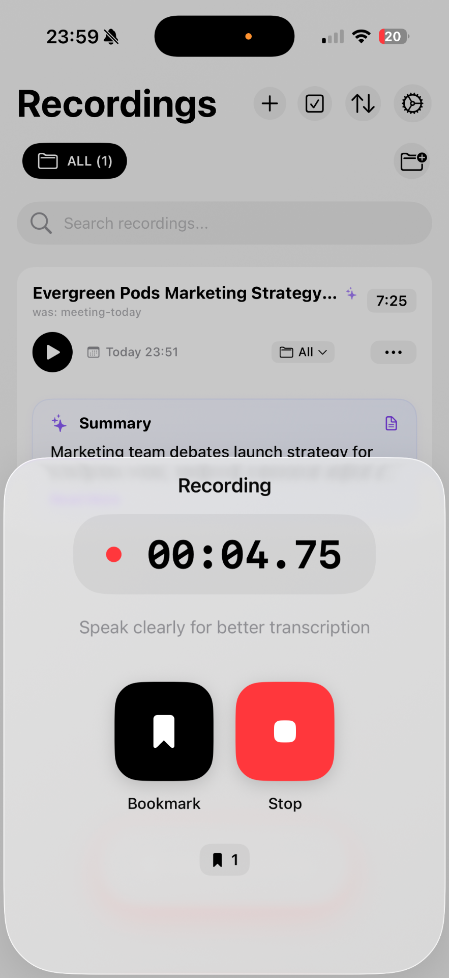 Live recording screen with timer and bookmark button