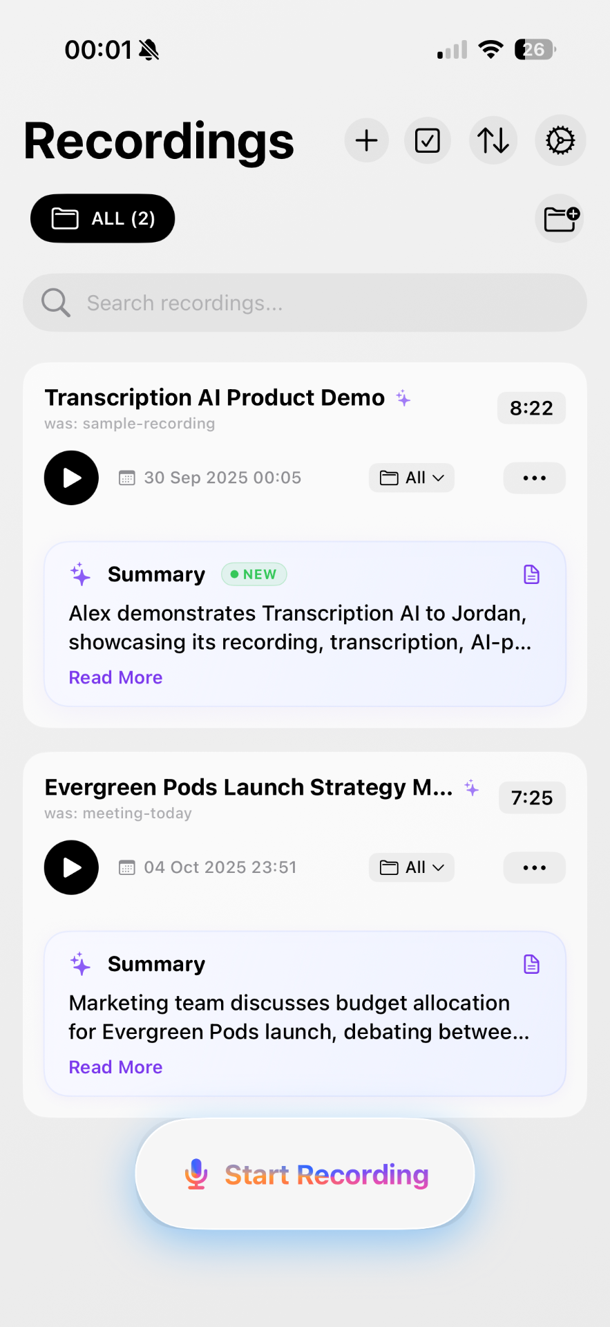Transcription AI — Recordings home