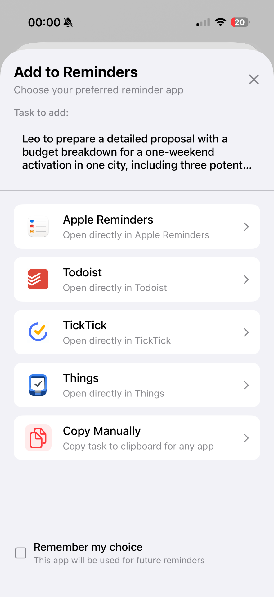 Add to Reminders sheet with Apple Reminders, Todoist, TickTick, Things